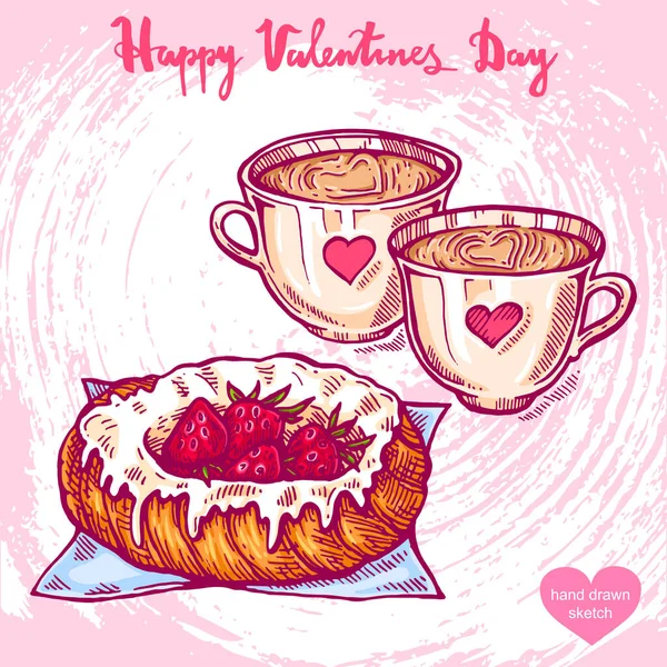 Illustration Vectorielle Dessinée Main Nourriture Saint Valentin Dessert Fraise Tasse — Image vectorielle