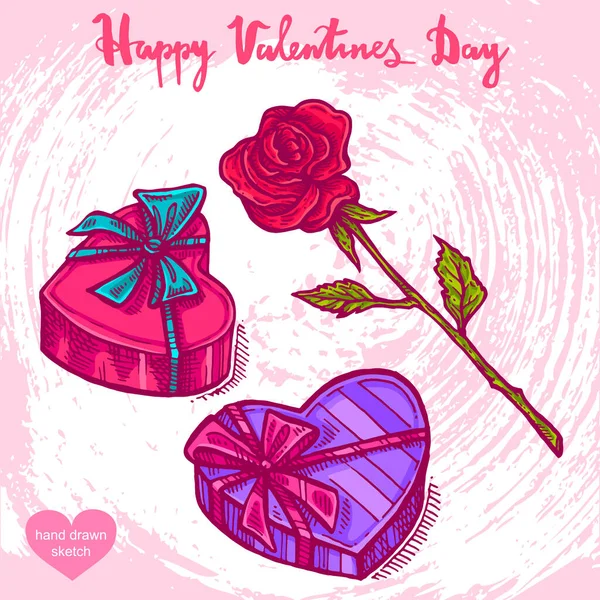Vector Handgezeichnete Illustration Von Valentines Geschenk Geschenkbox Rose Auf Dem — Stockvektor