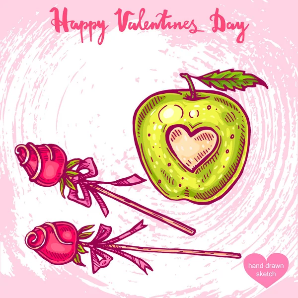 Vector Ilustración Dibujada Mano Comida San Valentín Manzana Fresa Palo — Vector de stock