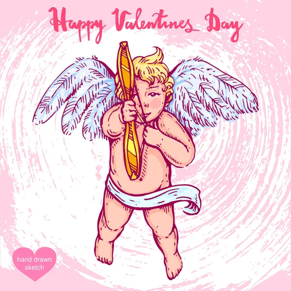 Vector Hand Getekend Illustratie Van Valentijnskoppen Engel Cupido Achtergrond Met — Stockvector