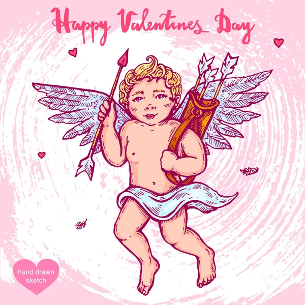 Illustrazione Disegnata Mano Vettoriale Dell Angelo San Valentino Cupido Sullo — Vettoriale Stock