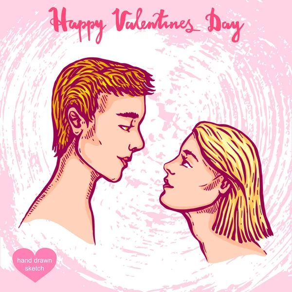 紙の質感で背景に男女のキスを描いたベクトル手描きイラスト 男の子と女の子のスケッチを探してバレンタイン デザインのためのヴィンテージスタイルの線形芸術 — ストックベクタ