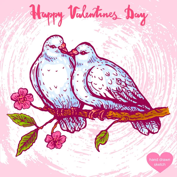 Vektor Kézzel Rajzolt Illusztrációja Csók Galambok Virágzó Szöveg Boldog Valentin — Stock Vector