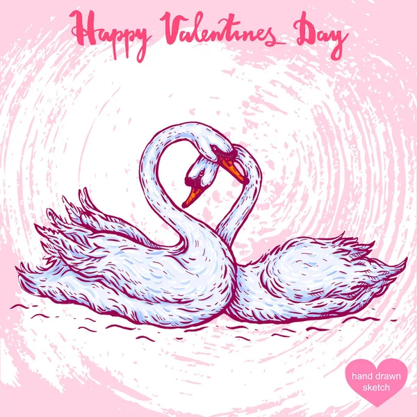 Векторна Рука Намальована Ілюстрацією Лебедів Воді Текст Happy Valentines Day — стоковий вектор