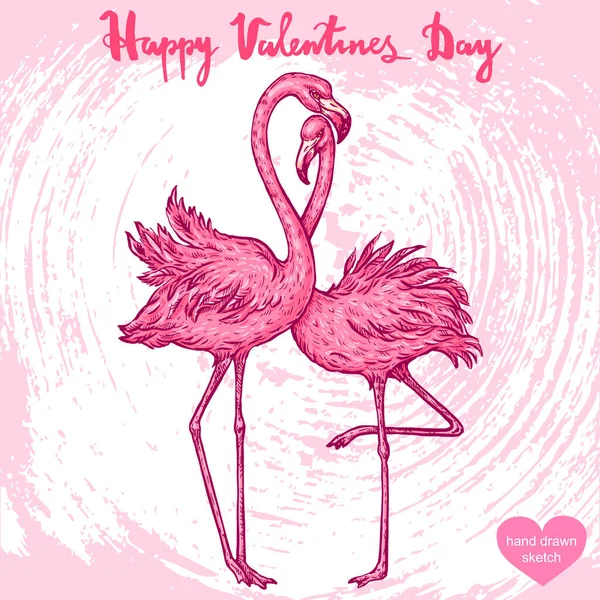 Flamingo çifti için vektör el çizimi, arka planda kağıt dokuyla Mutlu Sevgililer Günleri mesajı. Bir çift kuş, taslak. Tasarım için klasik tarzda doğrusal sanat.