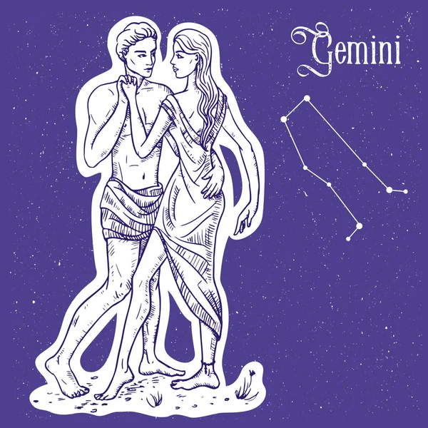 Burç burcunun vektör rengi çizimi Gemini metni ve gökyüzü arka planındaki yıldızların sembolü olan ikizler işareti. Dans eden çiftin robot resmini çizdim. Takvim, poster, takvim, yıldız falı.
