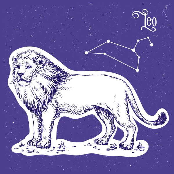 Illustration Vectorielle Linéaire Couleur Signe Zodiaque Leo Avec Texte Symbole — Image vectorielle