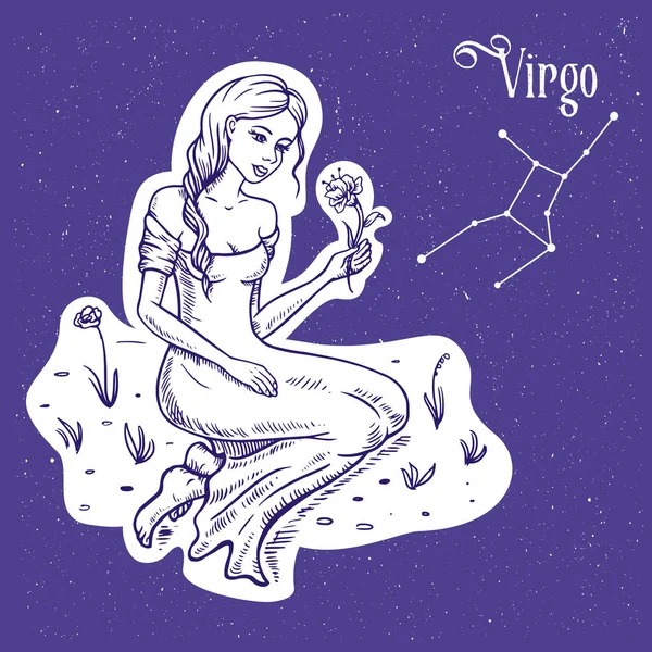 Vector Linear Illustration Zodiac Sign Virgo Symbol Stars Sky Background — Stock Vector