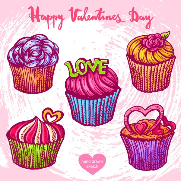Illustration Vectorielle Couleur Dessinée Main Cupcakes Texte Happy Valentines Day — Image vectorielle