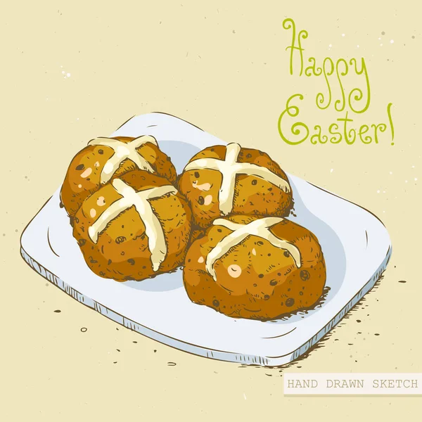 Lineare Farbige Skizze Der Osterscharfen Kreuzbrötchen Auf Dem Teller Mit — Stockvektor