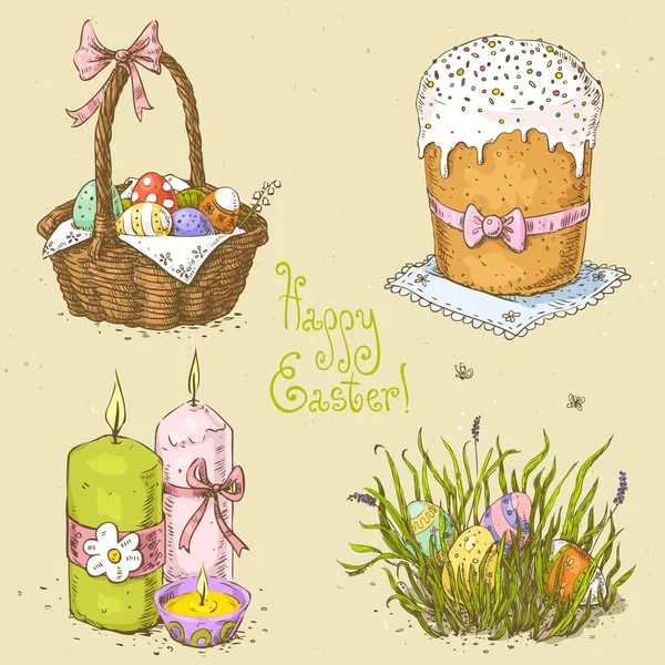 Set Pascua Con Bocetos Lineales Cesta Con Huevos Velas Huevos — Vector de stock