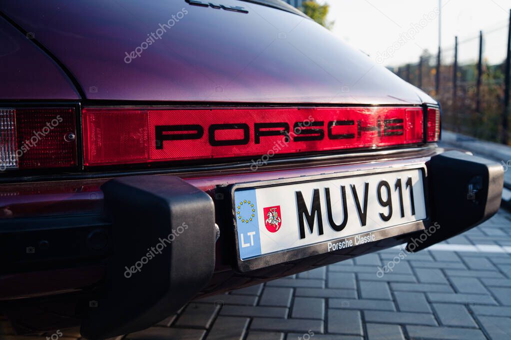 Vilnius, Lithuania - 2025-09-20 - Classic Porsche 911 S back view showing taillight and Porsche lettering
