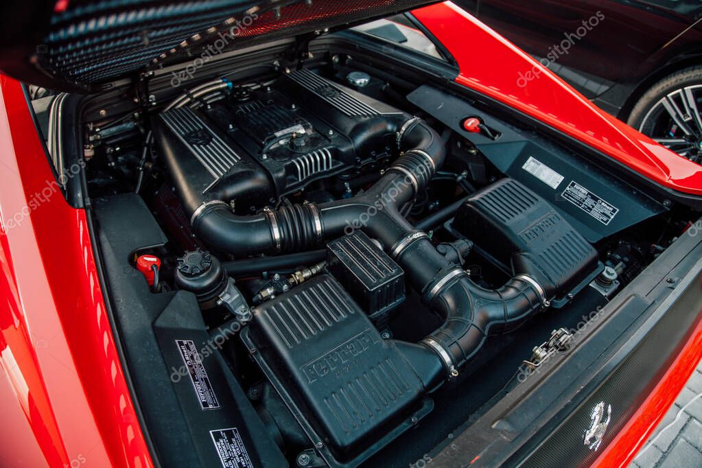 Vilnius, Lithuania - 2025-09-20 - Ferrari 355F Berlinetta engine bay by Pininfarina with V8 and prancing horse logo