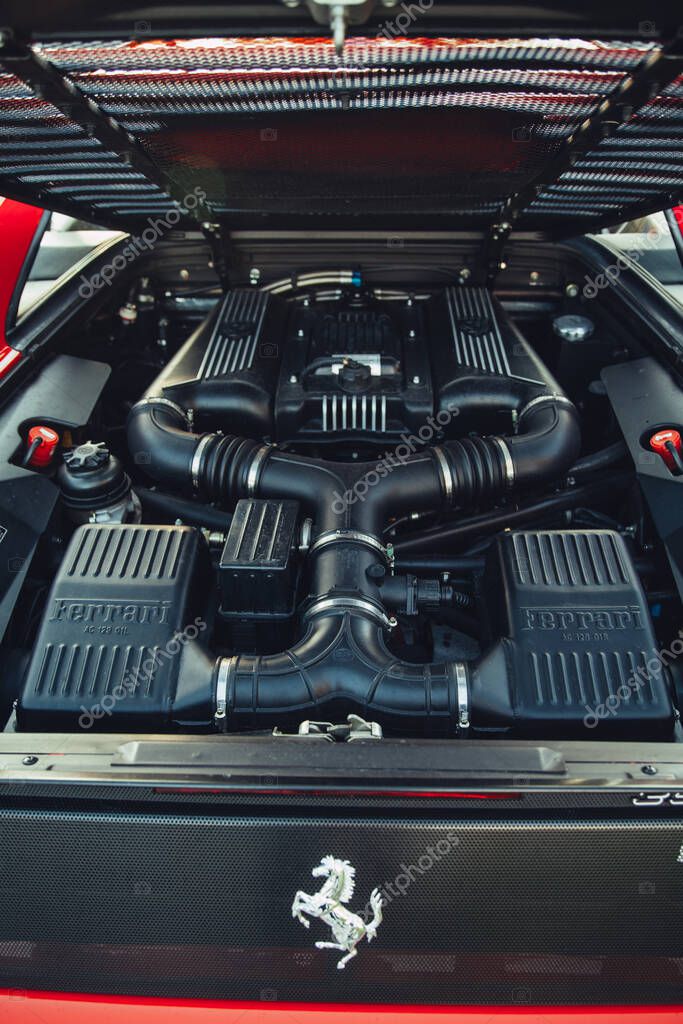 Vilnius, Lithuania - 2025-09-20 - Ferrari 355F Berlinetta engine bay by Pininfarina with V8 and prancing horse logo