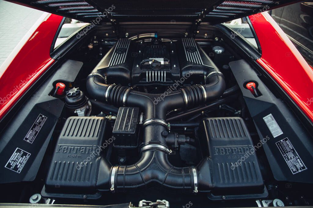 Vilnius, Lithuania - 2025-09-20 - Ferrari 355F Berlinetta engine bay by Pininfarina with V8 and prancing horse logo