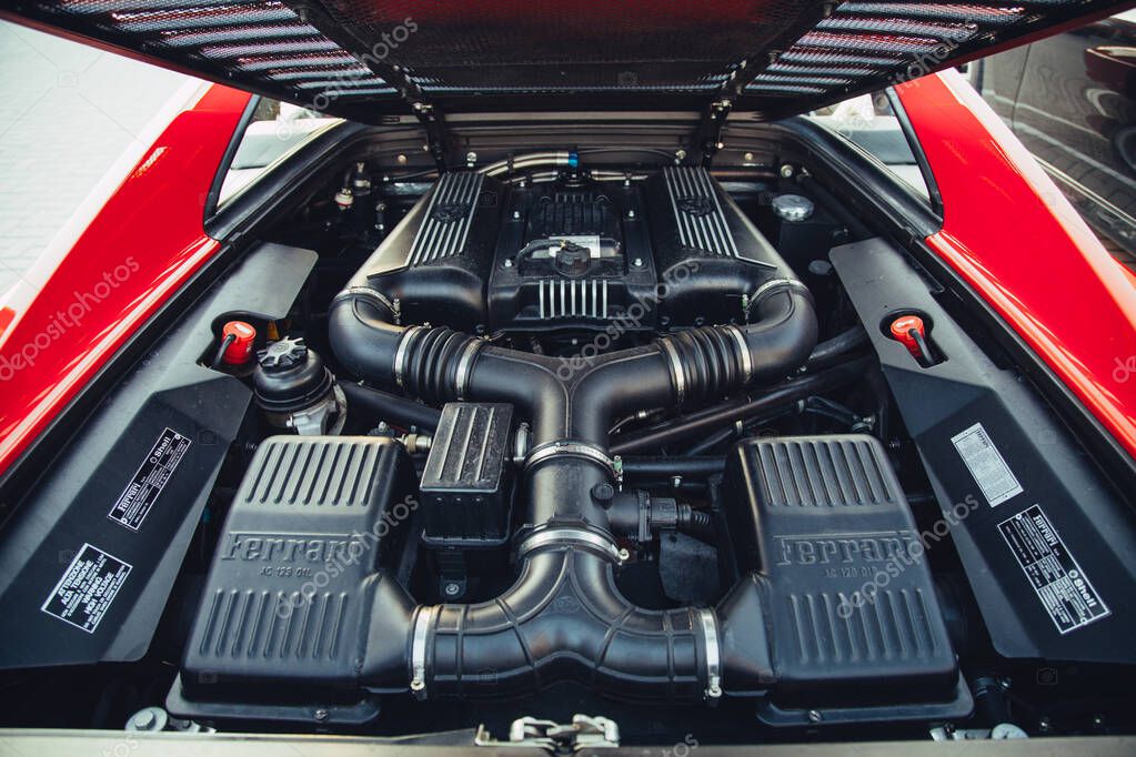 Vilnius, Lithuania - 2025-09-20 - Ferrari 355F Berlinetta engine bay by Pininfarina with V8 and prancing horse logo