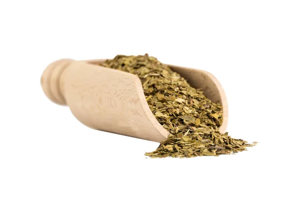 Gedroogde Bladeren Van Yerba Mate Thee Houten Bolletje Geïsoleerd Witte — Stockfoto