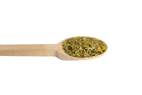 Αποξηραμένα Φύλλα Τσαγιού Yerba Mate Ξύλινη Κουτάλα Που Απομονώνονται Λευκό — Φωτογραφία Αρχείου