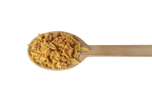 Knusprig Karmelisierte Gebratene Zwiebelflocken Einem Holzlöffel Isoliert Auf Weißem Hintergrund — Stockfoto