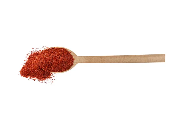 Chili Peppar Fröfria Flingor Trä Sked Isolerad Vit Bakgrund Kryddor — Stockfoto