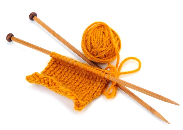 Yellow yarn of knitting with needles and ball — Stock Photo, Image