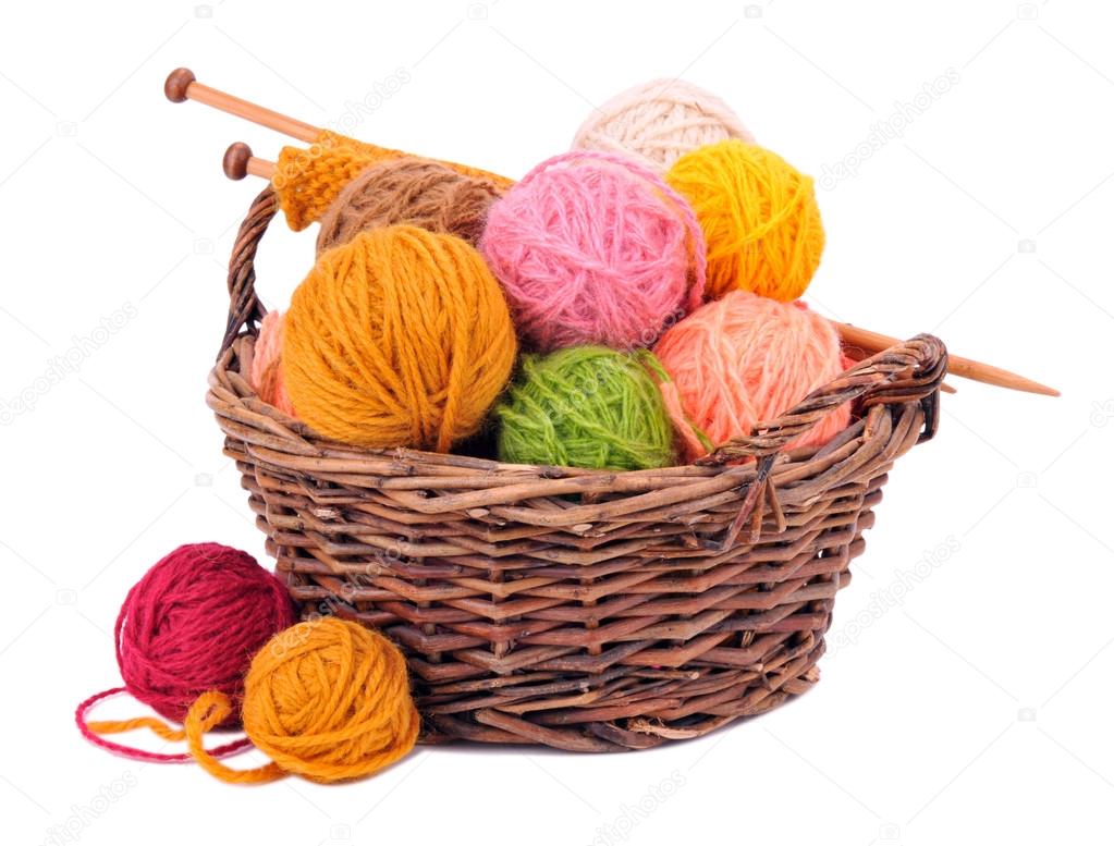 Wool yarn balls in the basket