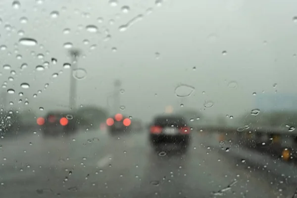 Beim Fahren Regen Sind Wassertropfen Glas — Stockfoto