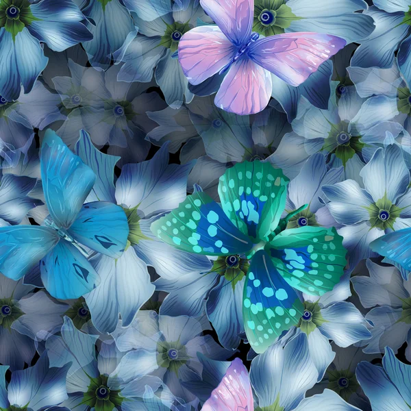 Flores azuis e borboleta —  Vetores de Stock