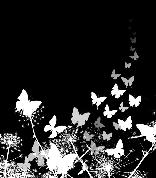 Flores y mariposa negro — Vector de stock