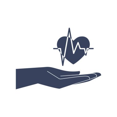 Kalbi yaşam çizgisi, simgesi, logosu, işareti, sembolü olan el ele tutuşmak. Tek renkli vektör illüstrasyonuName