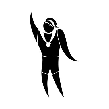 Madalya sahibi spor şampiyonu zafere seviniyor. Monokrom stilize görüntü, logo, simge, işaret, düz, sadeleştirilmiş bir şekilde amblem. İzole vektör illüstrasyonu