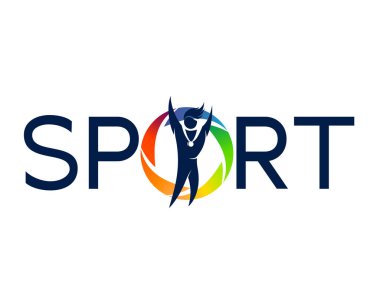 Madalyası olan bir şampiyonun spor sözcüğü zaferiyle sevinir. Çok renkli bir dairede stilize edilmiş görüntü, logo, simge, işaret, amblem, spor sembolü. İzole vektör çizimleri