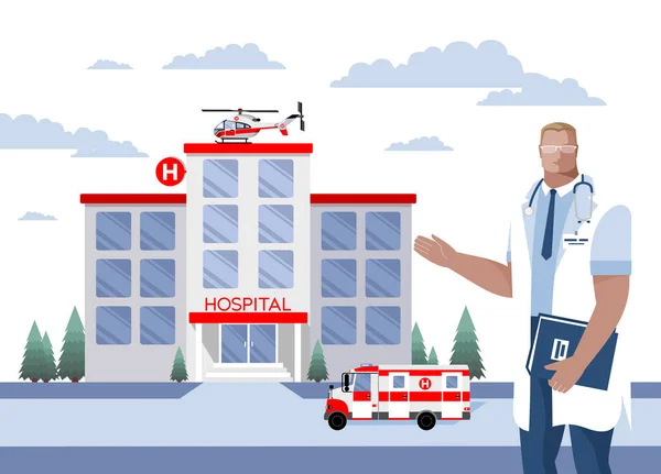 一个医生在一家医院的后面 有一辆救护车和一架直升机 一个关于医学 医疗保健的概念 矢量说明 — 图库矢量图片