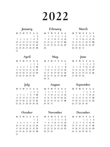 Calendar 2022 Week Starts Monday Basic Business Template Vector Illustration — Stock Vector