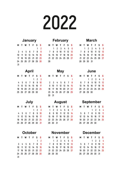カレンダー2022 週は月曜日に開始します 基本的なビジネステンプレート ベクターイラスト — ストックベクタ