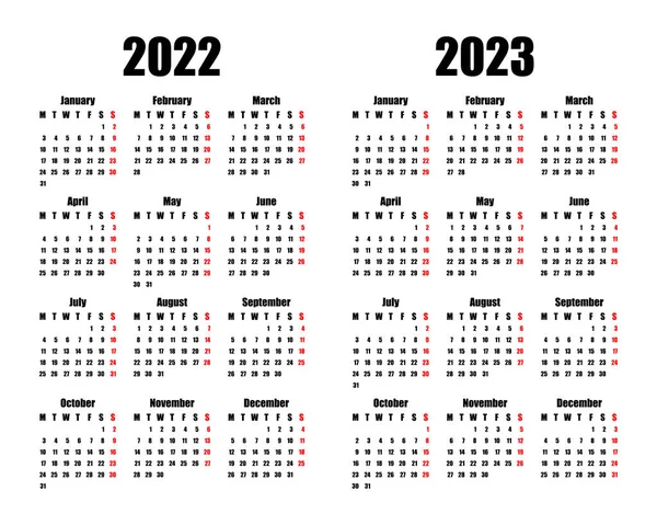 日历2022和2023 周从星期一开始 基本业务模板 矢量说明 — 图库矢量图片