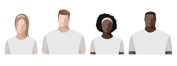 Jeunes Hommes Femmes Différentes Couleurs Peau Shirts Blancs Avatar Coloré — Image vectorielle