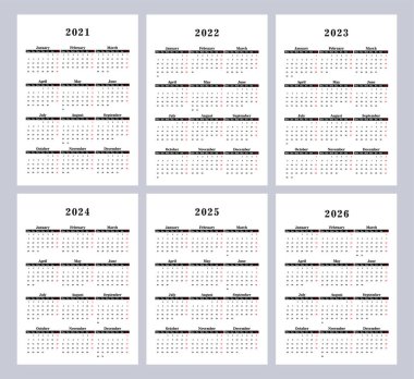 Takvim 2021, 2022, 2023, 2024, 2025, 2026, hafta Pazartesi başlıyor, temel iş planı. vektör illüstrasyonu