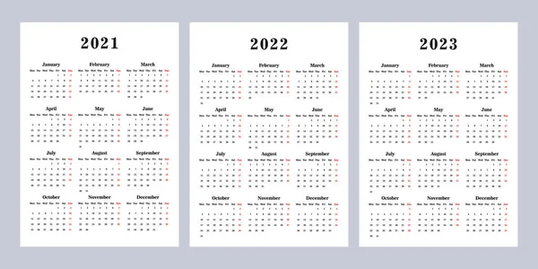 Calendario 2021 2022 2023 Semana Comienza Lunes Plantilla Básica Negocios — Vector de stock
