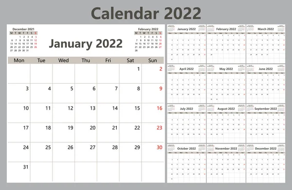 2022 için takvim planlayıcısı. Hafta pazartesi başlıyor. Vektör illüstrasyonu