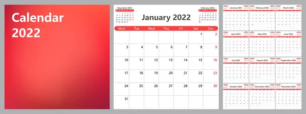 Planificador Calendario Para 2022 Semana Comienza Lunes Ilustración Vectorial — Vector de stock