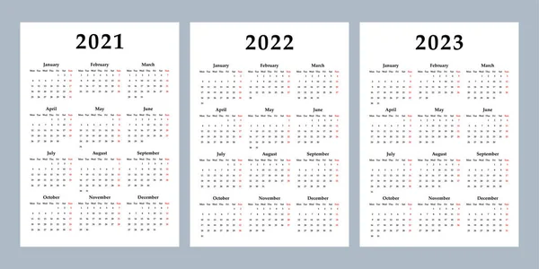 Kalendarz 2021 2022 2023 Tydzień Rozpoczyna Się Poniedziałek Podstawowy Szablon — Wektor stockowy