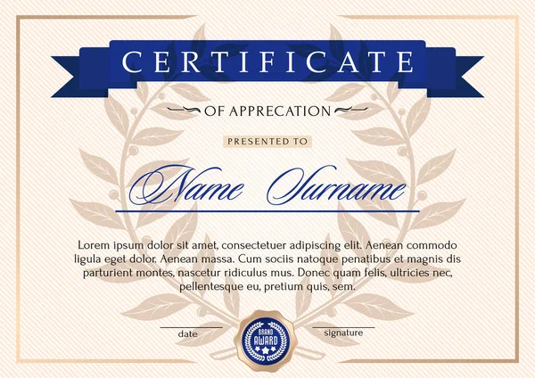 Certificado Estilo Oficial Solemne Elegante Con Una Corona Laurel Del — Vector de stock