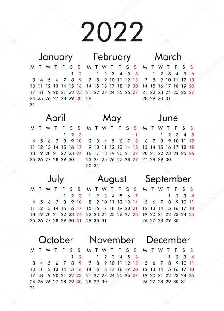 Calendar for 2022, the week starts on Monday, basic business template. vector illustration