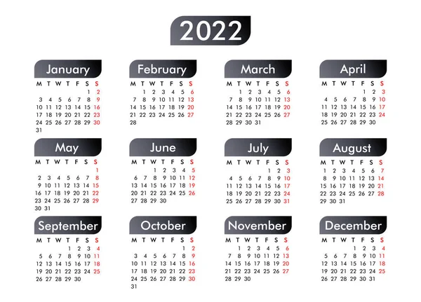 Kalendarz 2022 Rok Czarnymi Elementami Gradientowymi Tydzień Rozpoczyna Się Poniedziałek — Wektor stockowy