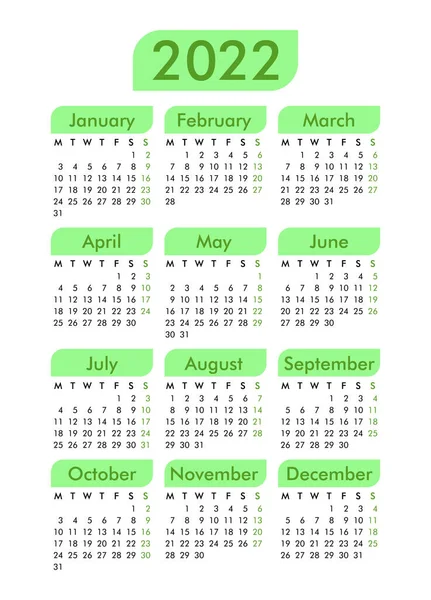 カレンダー2022年の緑の要素は 1週間月曜日 基本的なビジネステンプレートを開始します ベクターイラスト — ストックベクタ