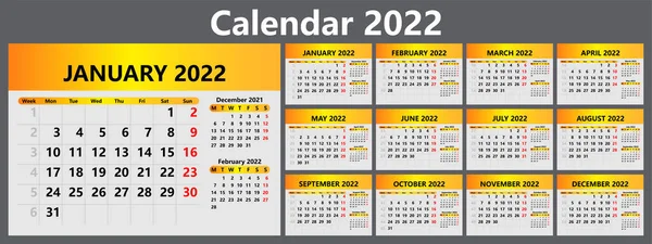 Calendario Planificación Para 2022 Con Números Semana Plantilla Para Calendario — Vector de stock