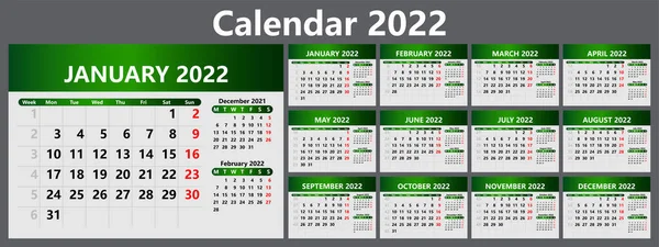 Planner Calendar 2022 Week Numbers Template Wall Calendar Company Week — Stock Vector