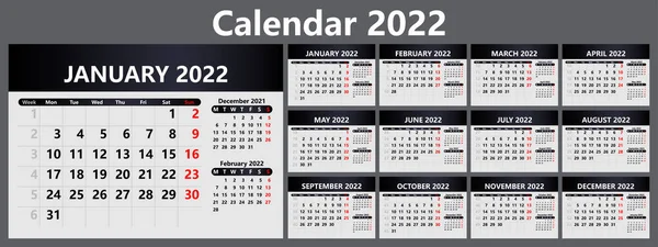 Calendario Planificación Para 2022 Con Números Semana Plantilla Para Calendario — Vector de stock
