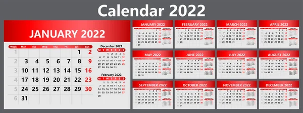 Kalendarz Planowania Rok 2022 Numerami Tygodniowymi Szablon Kalendarza Ściennego Dla — Wektor stockowy